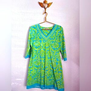 Barbara Gerwit Bright Green & Blue Tunic Dress | Boho Resort Chic | Size L